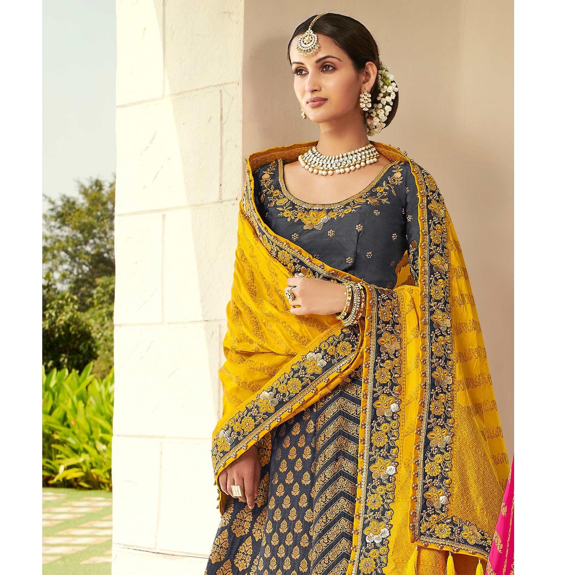 Blue Wedding Wear Heavy Embroidered Banarasi Silk Lehenga Choli