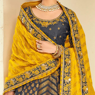Blue Wedding Wear Heavy Embroidered Banarasi Silk Lehenga Choli