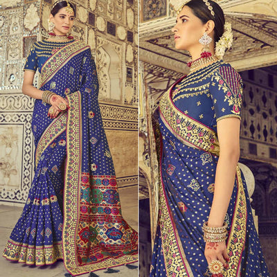 Blue Wedding Wear Resham With Embellished Silk Patola Saree