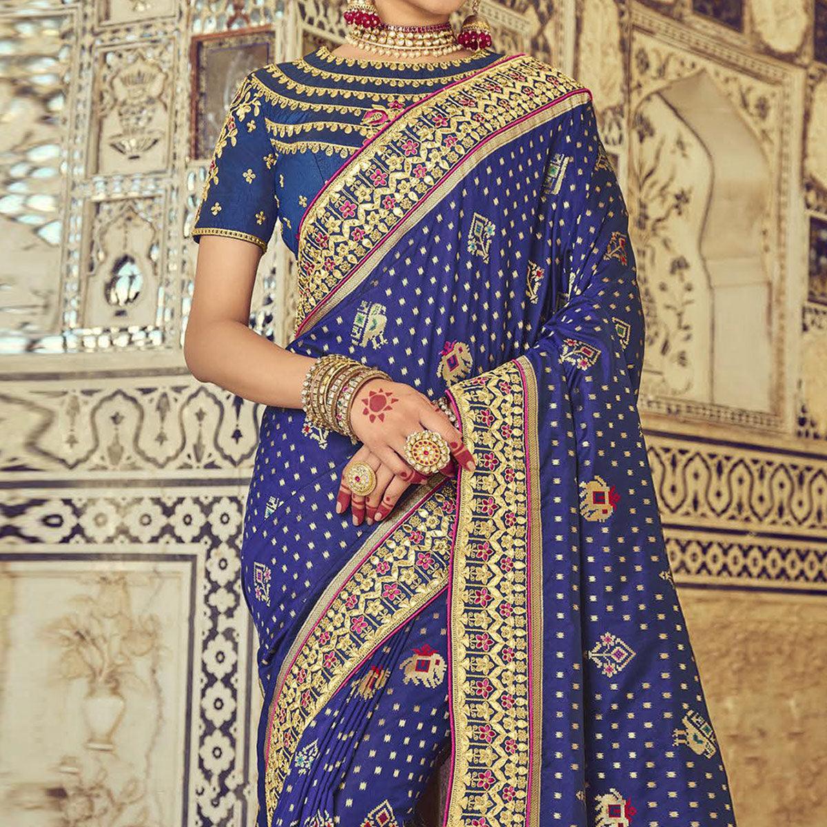 Blue Wedding Wear Resham With Embellished Silk Patola Saree