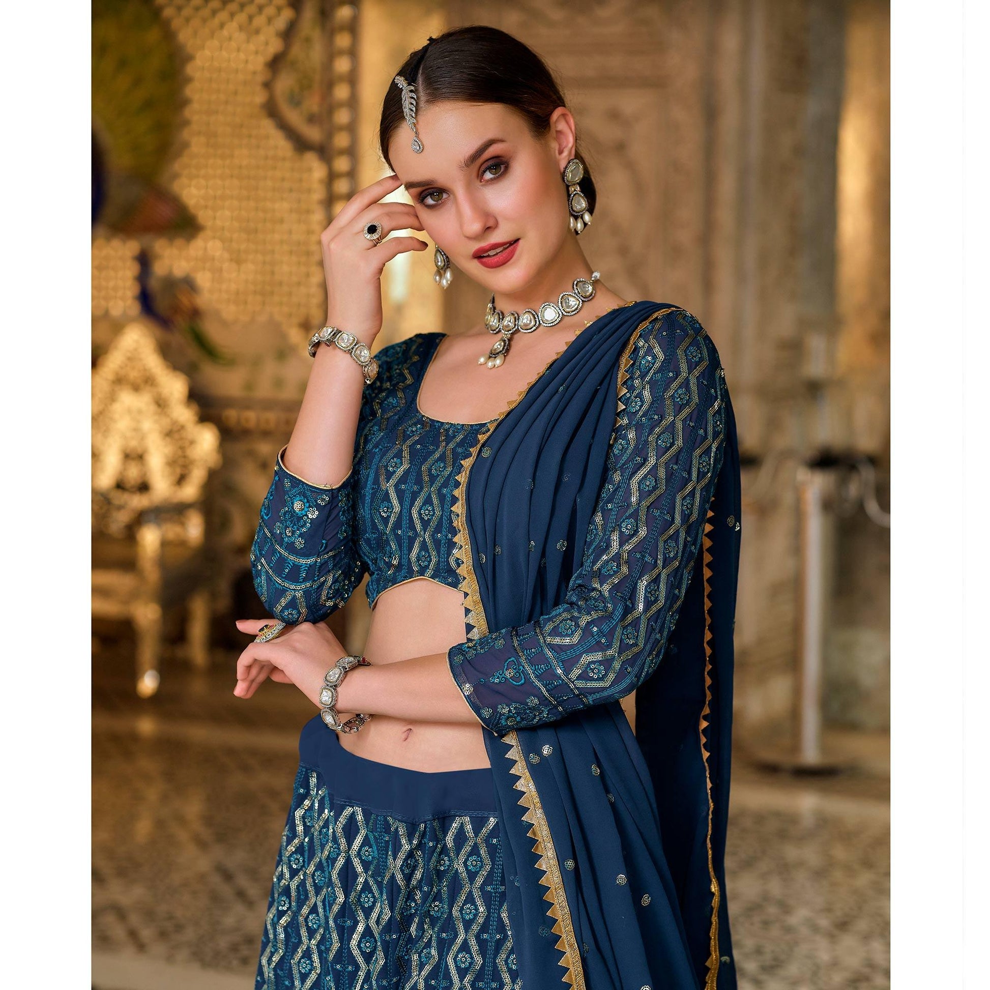 Blue Wedding Wear Sequins Embroidered Georgette Lehenga Choli