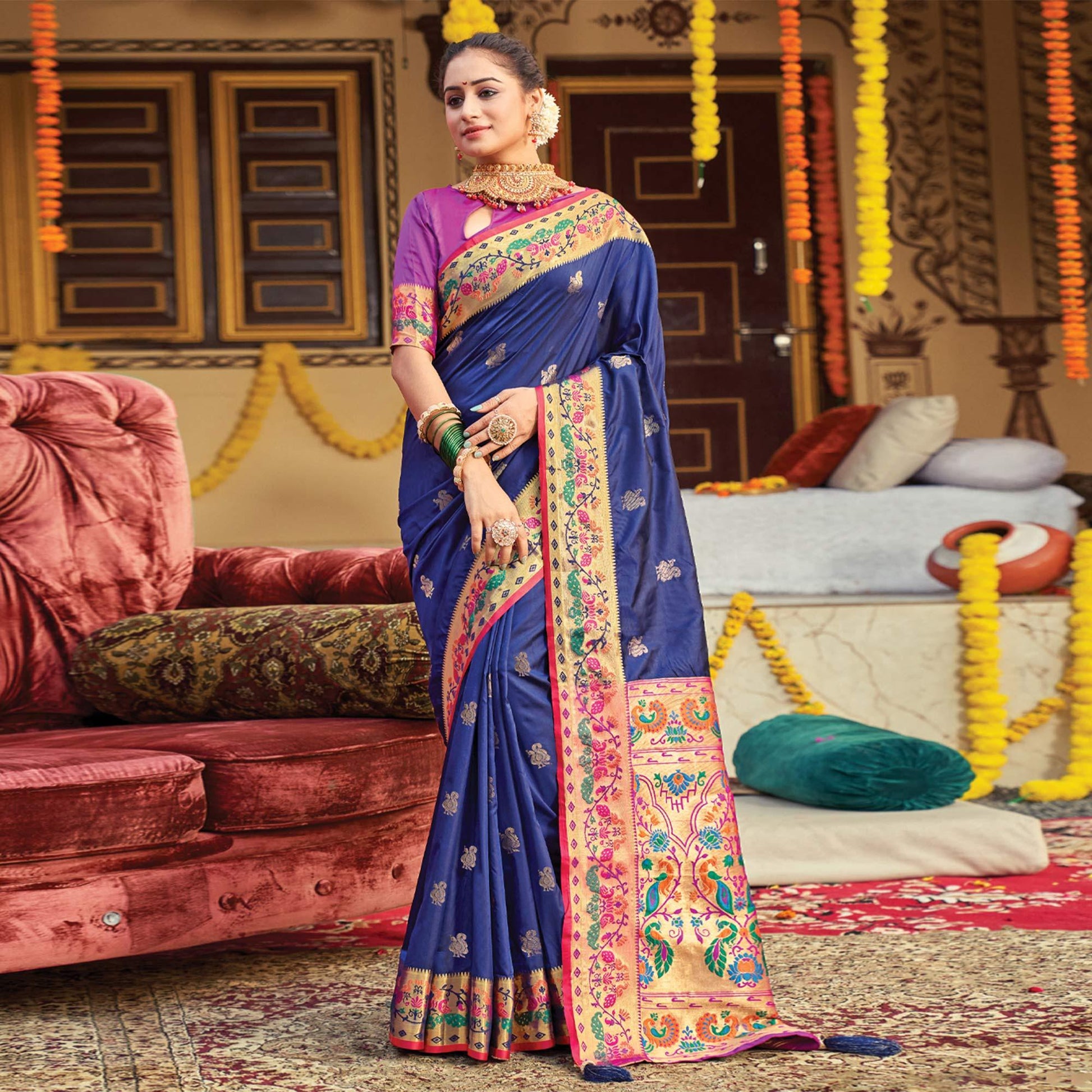 Blue Woven Art Silk Paithani Saree With Tassels