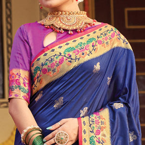 Blue Woven Art Silk Paithani Saree With Tassels