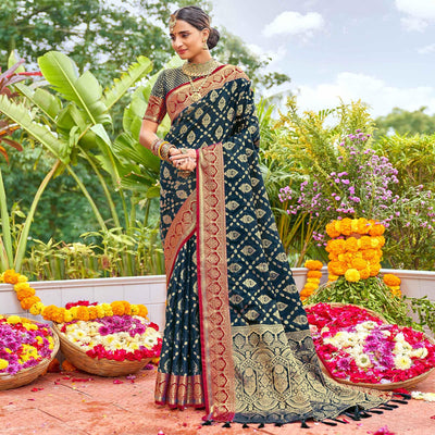 Blue Woven Art Silk Saree With Tassels