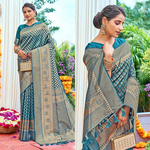 Blue Woven Art Silk Saree With Tassels