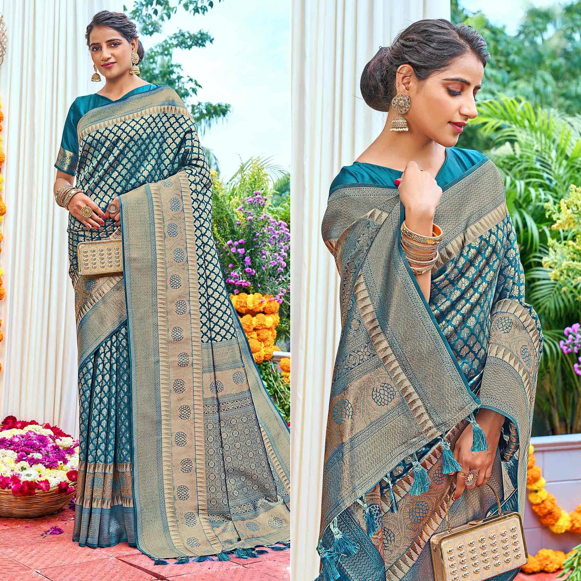 Blue Woven Art Silk Saree With Tassels