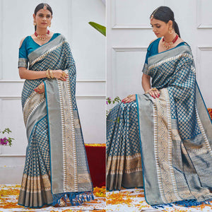 Blue Woven Art Silk Saree With Tassels
