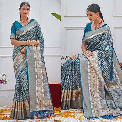 Blue Woven Art Silk Saree With Tassels