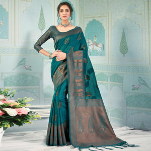 Blue Woven Art Silk Saree With Tassels