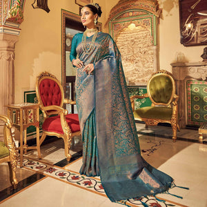 Blue Woven Art Silk Saree With Tassels