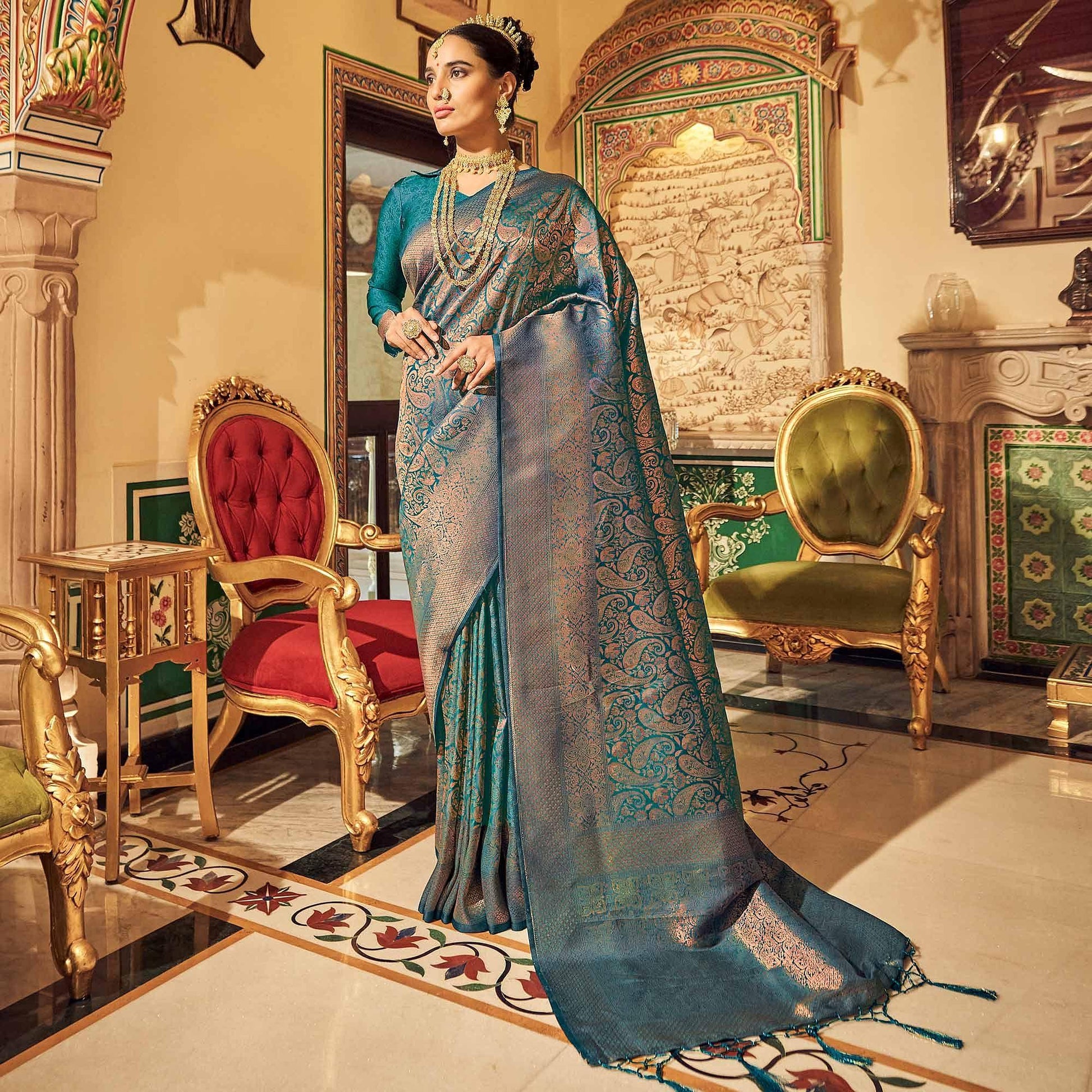 Blue Woven Art Silk Saree With Tassels