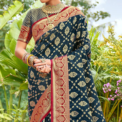 Blue Woven Art Silk Saree With Tassels