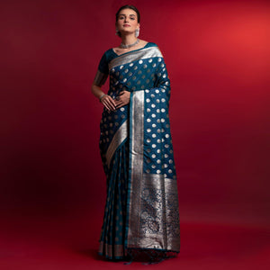 Blue Woven Art Silk Saree With Tassels