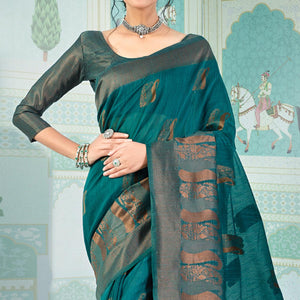 Blue Woven Art Silk Saree With Tassels