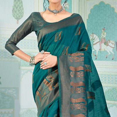 Blue Woven Art Silk Saree With Tassels