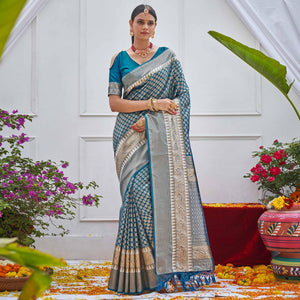Blue Woven Art Silk Saree With Tassels