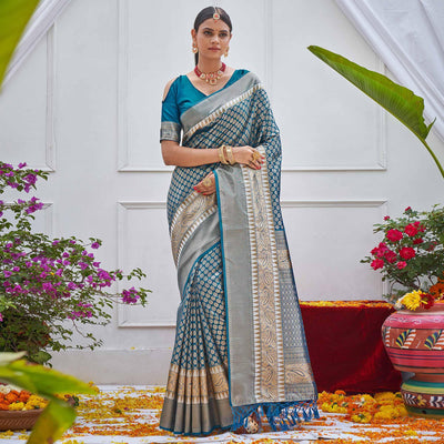 Blue Woven Art Silk Saree With Tassels