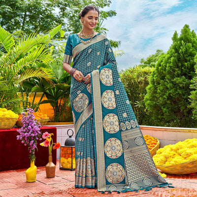 Blue Woven Art Silk Saree With Tassels