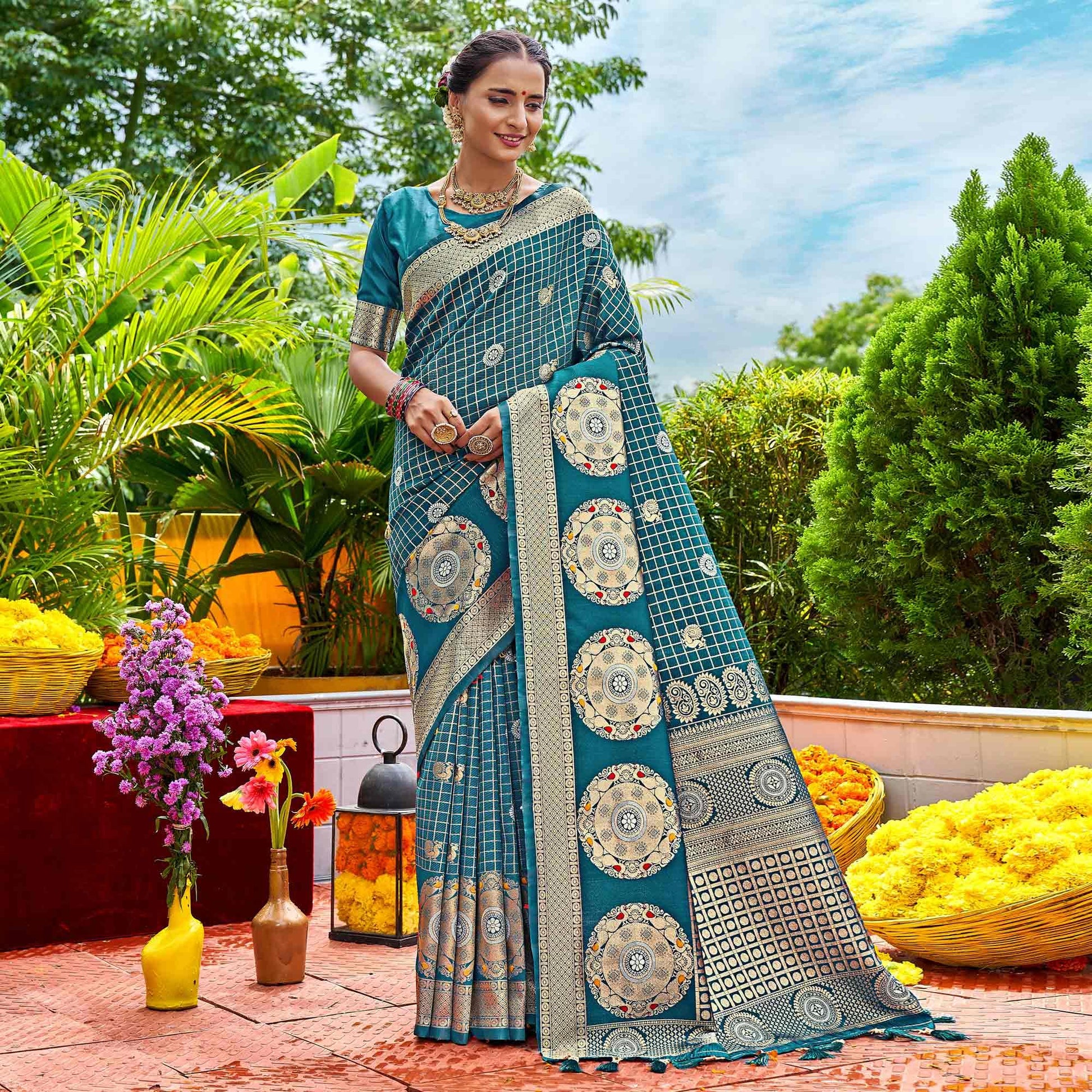 Blue Woven Art Silk Saree With Tassels