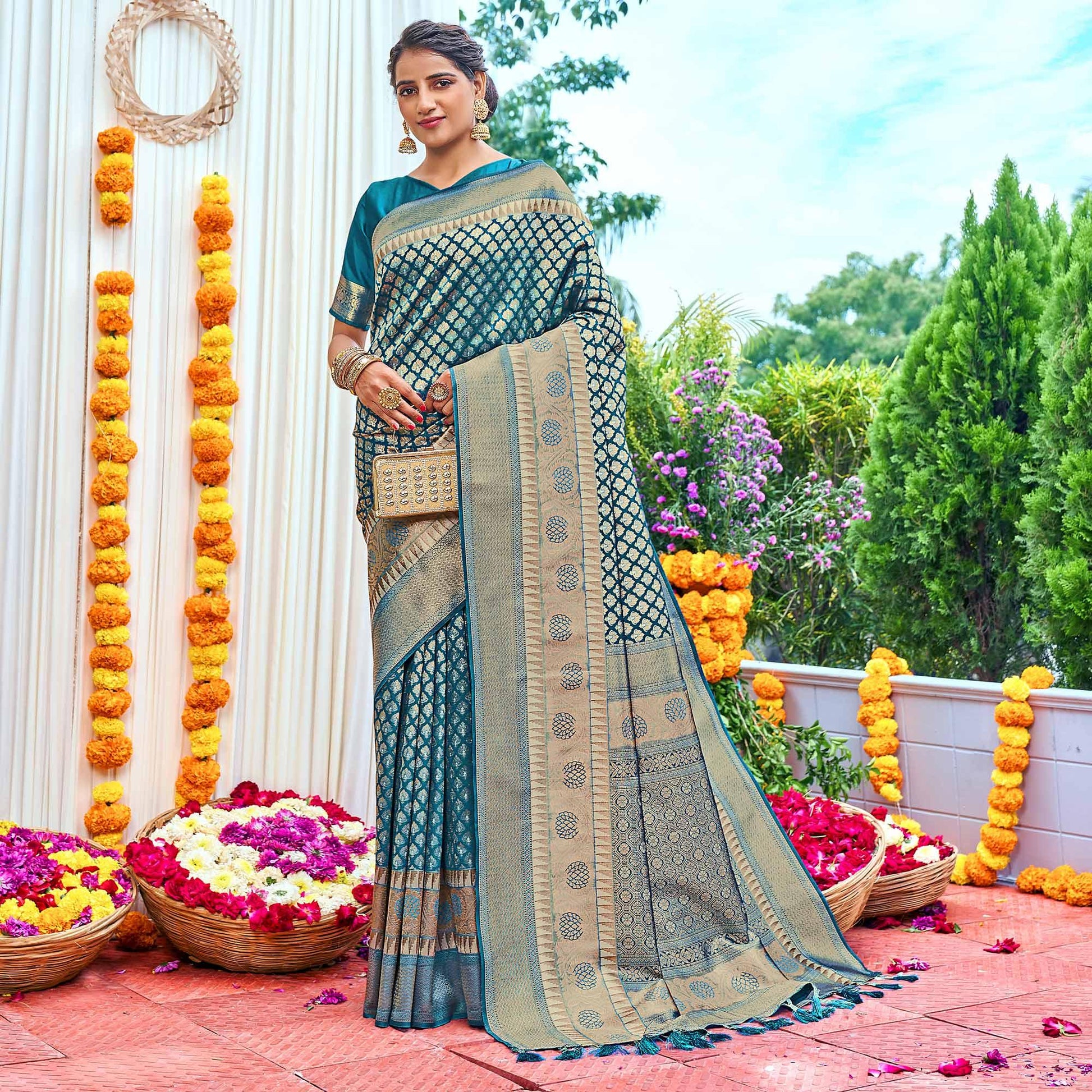 Blue Woven Art Silk Saree With Tassels