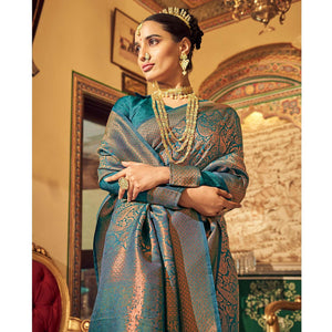 Blue Woven Art Silk Saree With Tassels