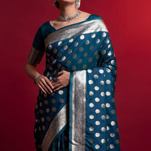 Blue Woven Art Silk Saree With Tassels