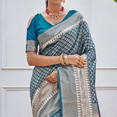 Blue Woven Art Silk Saree With Tassels