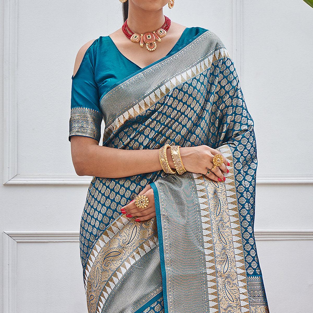 Blue Woven Art Silk Saree With Tassels