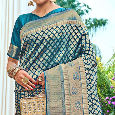 Blue Woven Art Silk Saree With Tassels