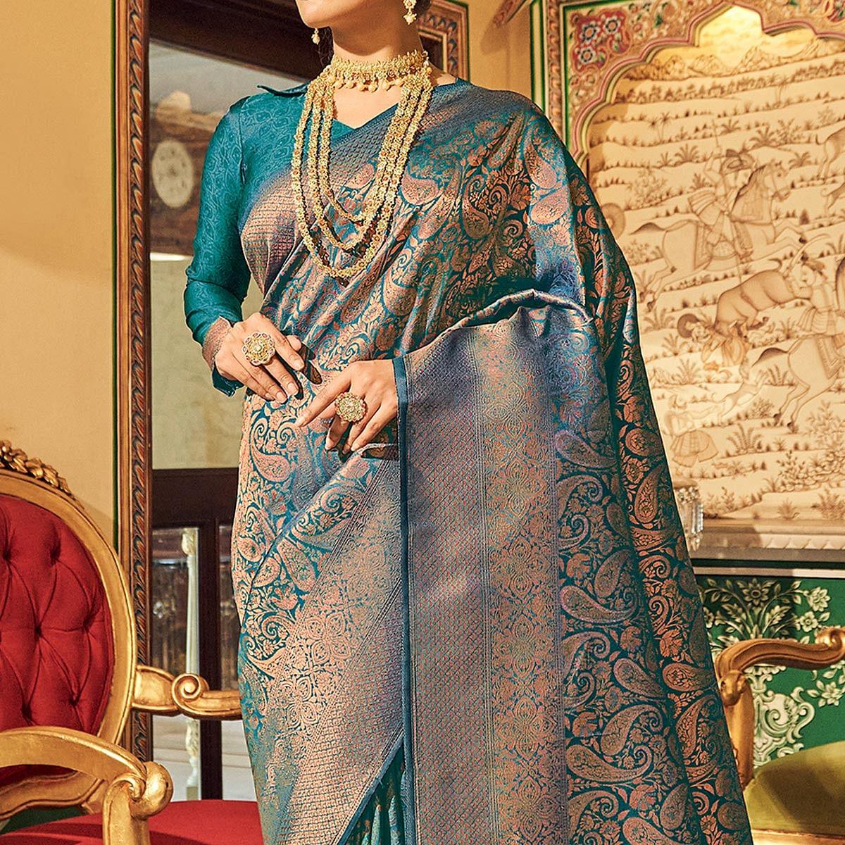 Blue Woven Art Silk Saree With Tassels