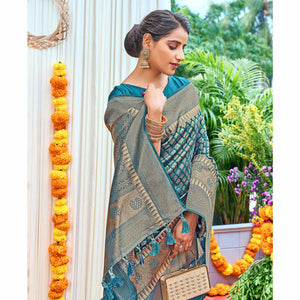 Blue Woven Art Silk Saree With Tassels