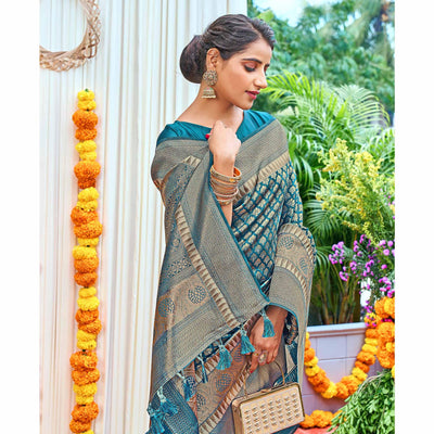 Blue Woven Art Silk Saree With Tassels