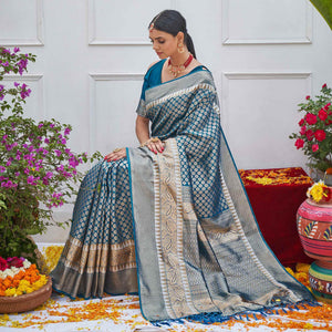 Blue Woven Art Silk Saree With Tassels