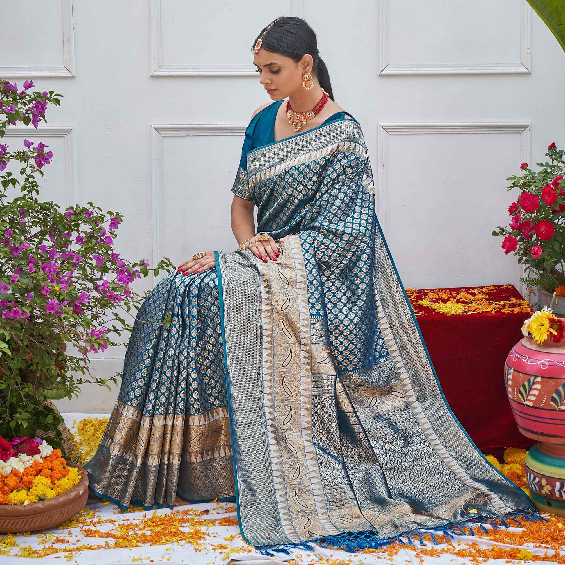 Blue Woven Art Silk Saree With Tassels