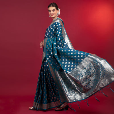 Blue Woven Art Silk Saree With Tassels