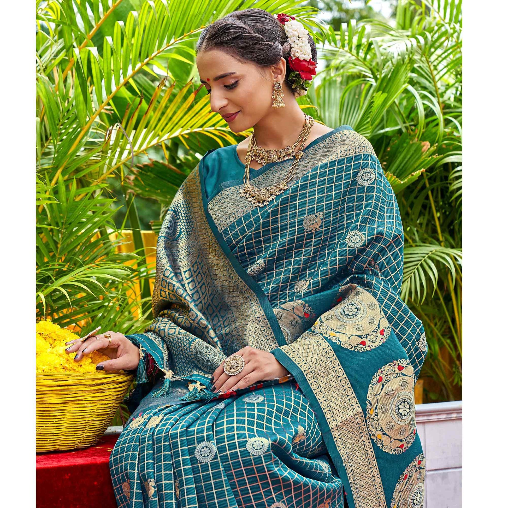 Blue Woven Art Silk Saree With Tassels