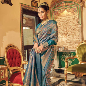 Blue Woven Art Silk Saree With Tassels