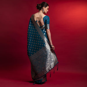 Blue Woven Art Silk Saree With Tassels