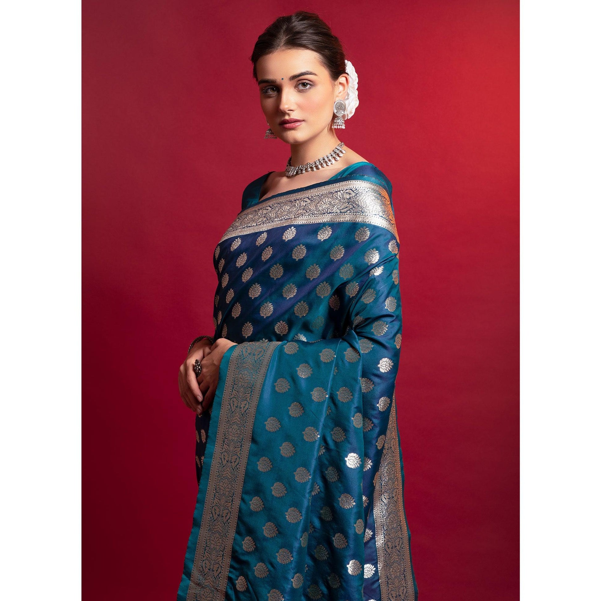 Blue Woven Art Silk Saree With Tassels