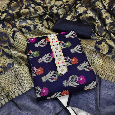 Blue Woven Banarasi Dress Material