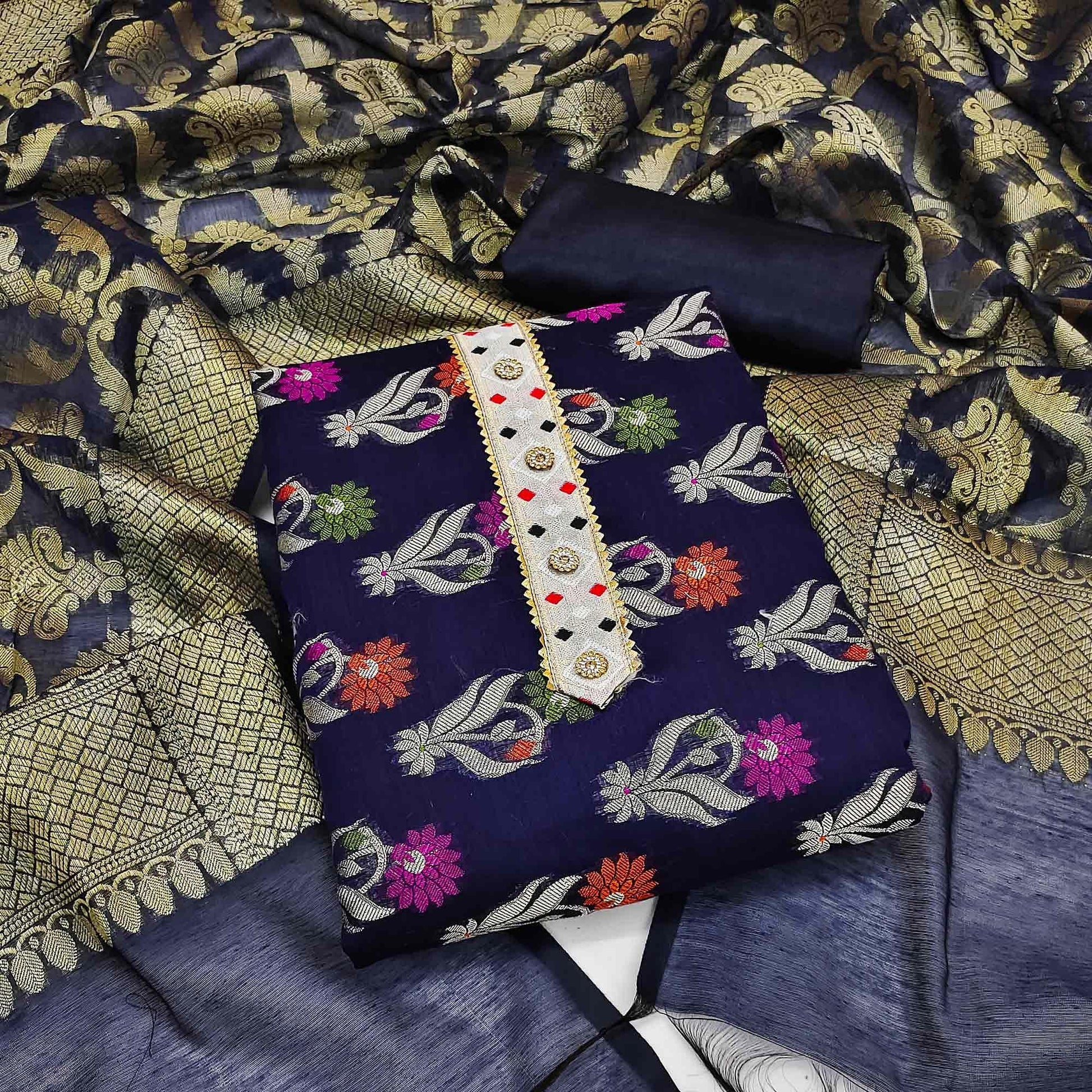 Blue Woven Banarasi Dress Material