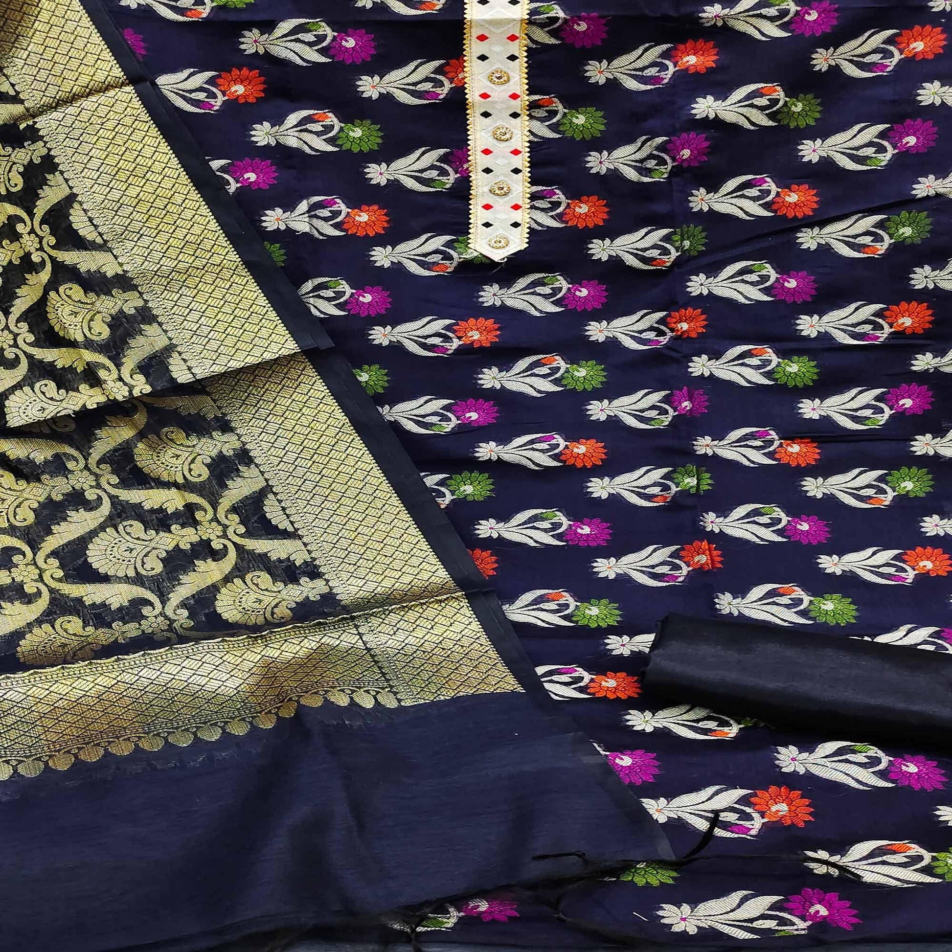 Blue Woven Banarasi Dress Material