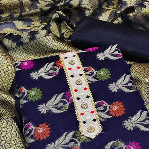 Blue Woven Banarasi Dress Material