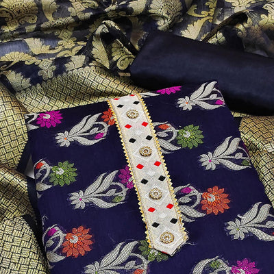 Blue Woven Banarasi Dress Material