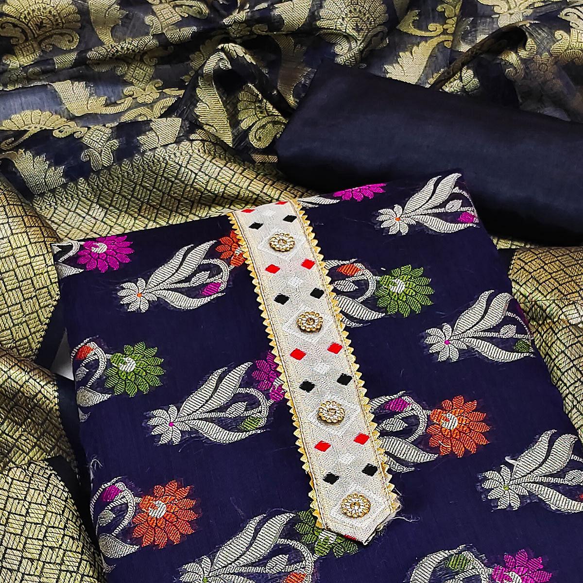 Blue Woven Banarasi Dress Material