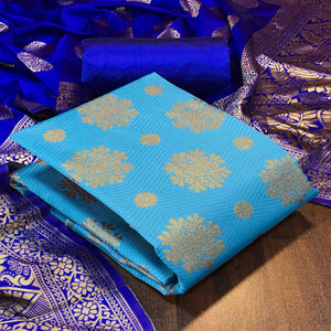 Blue Woven Banarasi Silk Dress Material