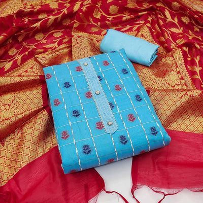 Blue Woven Banarasi Silk Dress Material