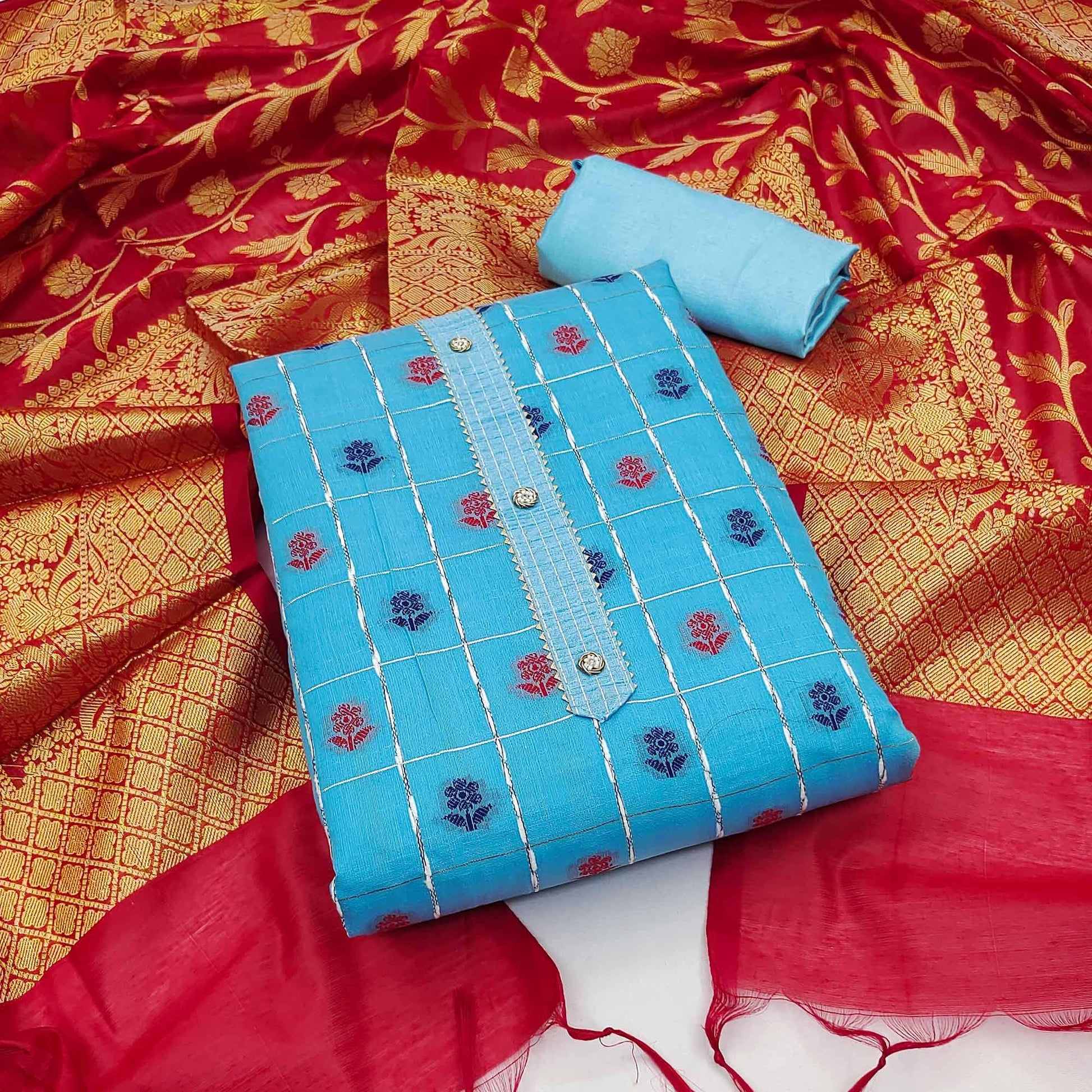 Blue Woven Banarasi Silk Dress Material