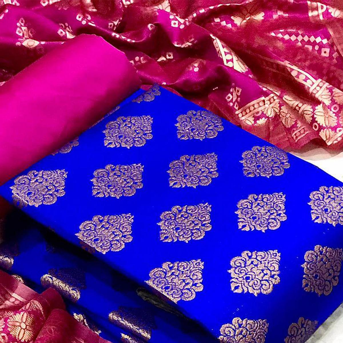 Blue Woven Banarasi Silk Dress Material