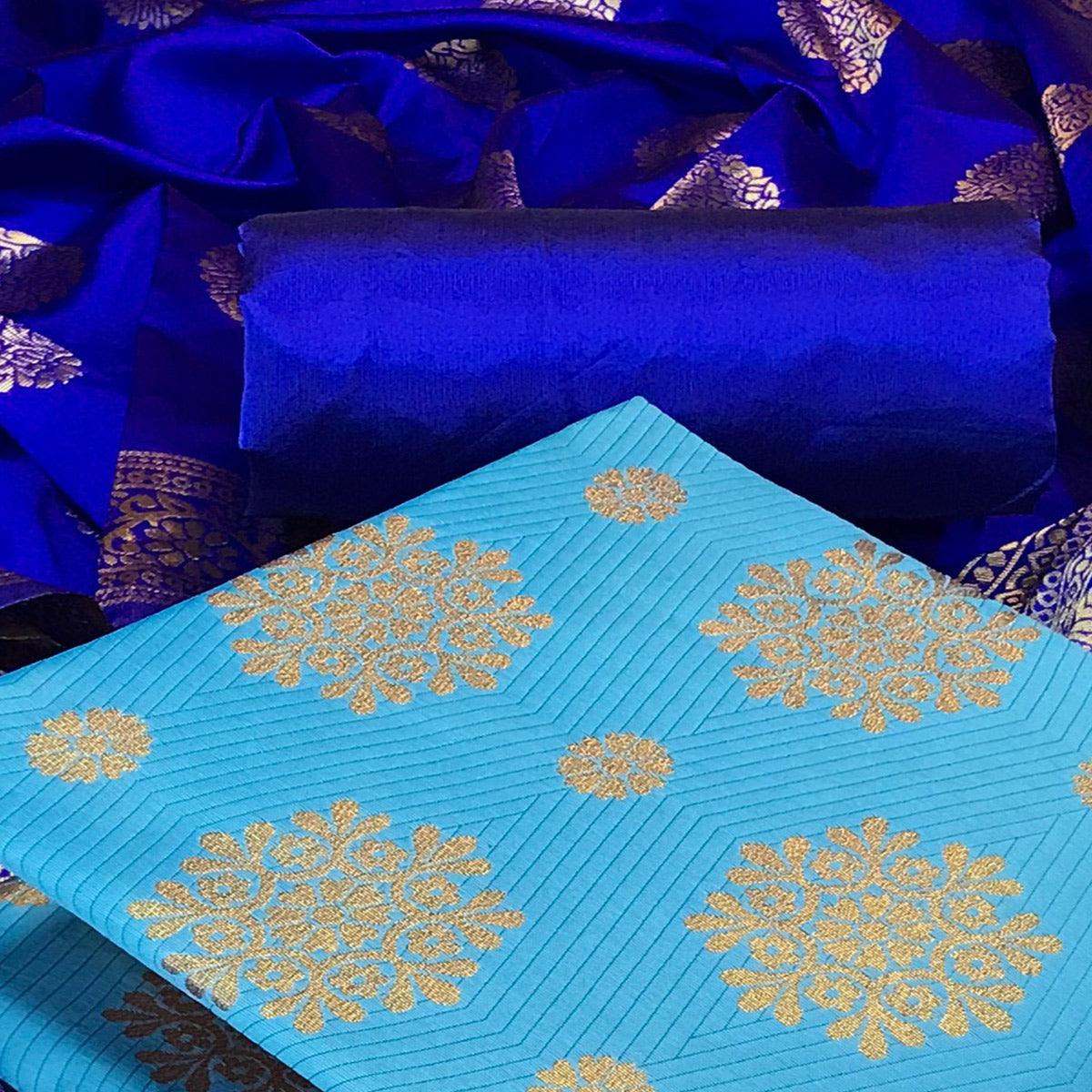 Blue Woven Banarasi Silk Dress Material